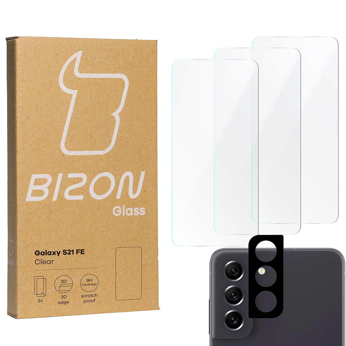 Szkło hartowane do etui Bizon Glass Clear - 3 sztuki + ochrona obiektywu dla Galaxy S21 FE